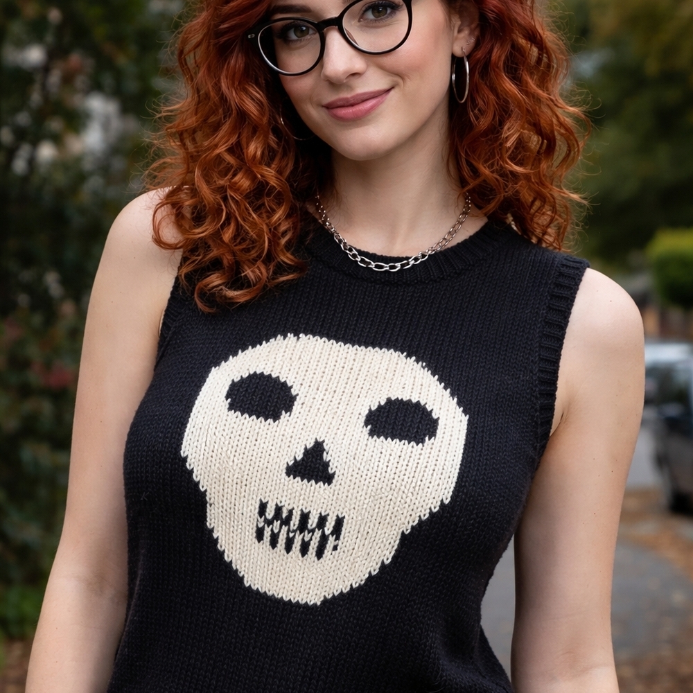 Black, Navy Skull Graphic Muscle Tee Chunky Knit Alpaca Gothic Black top unisex